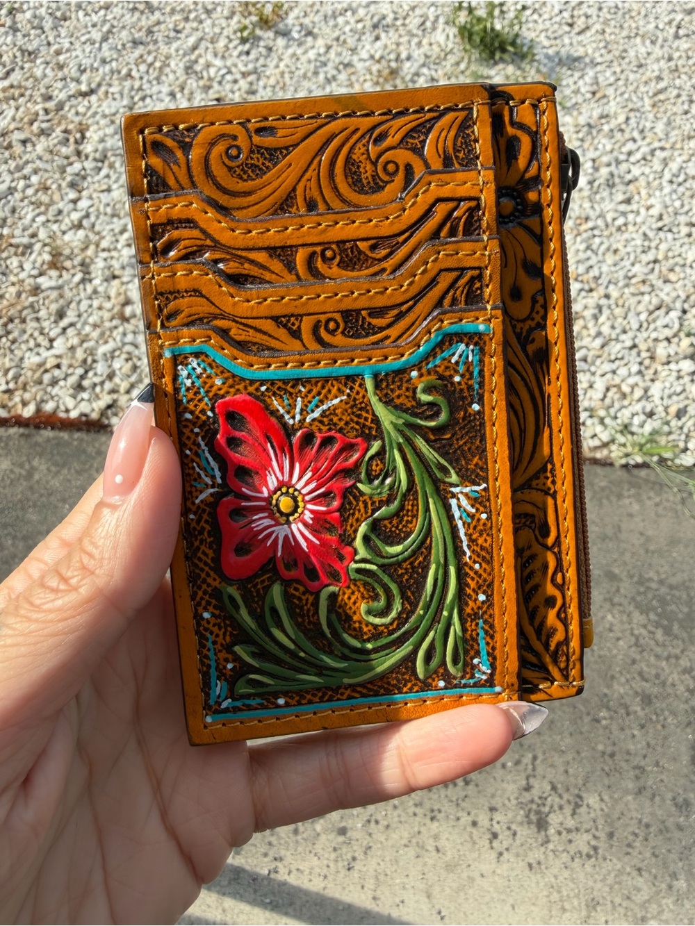 American Darling Handpainted Floral Tooled Leather Card Wallet in Tan and Red